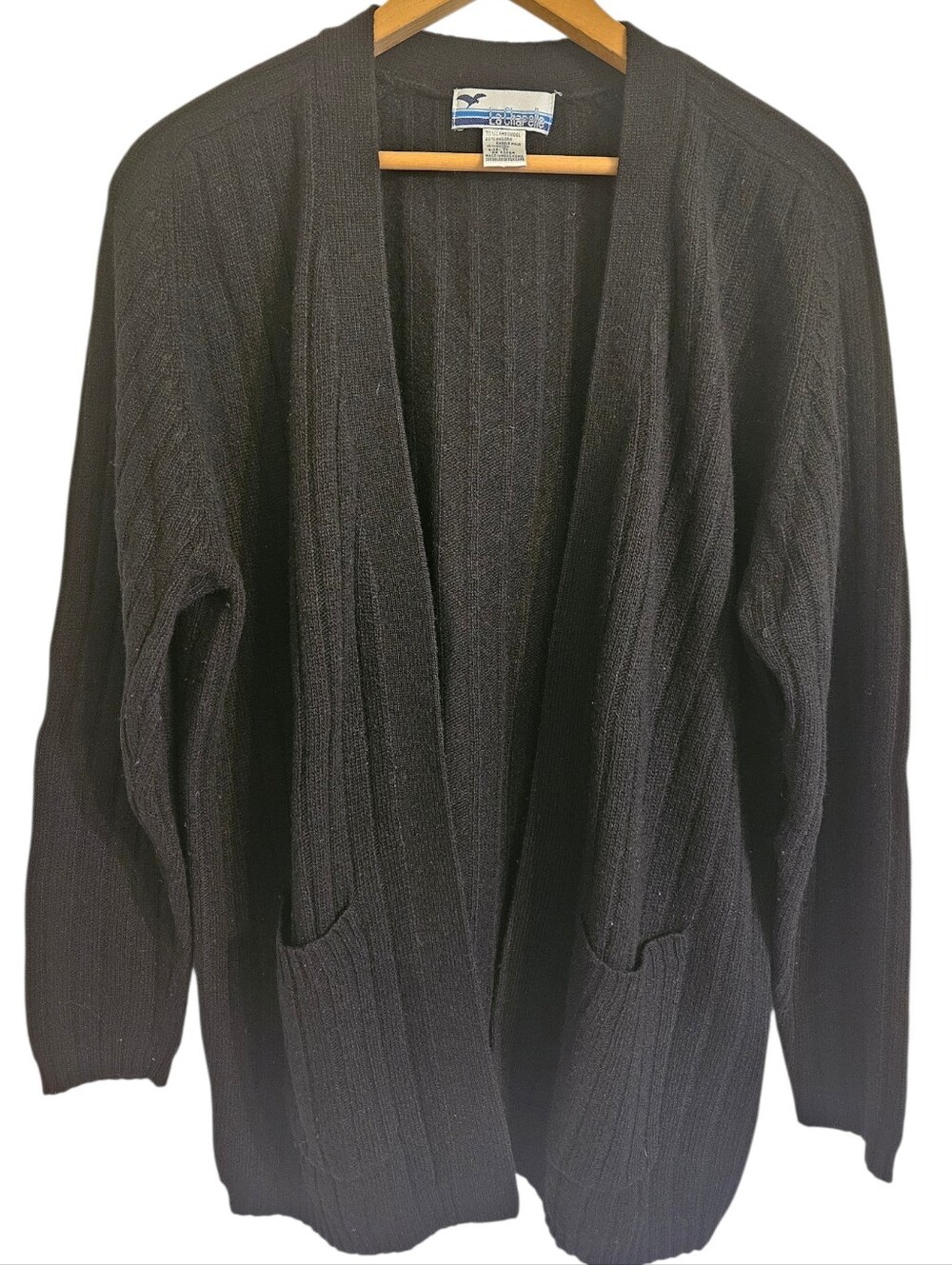 Vintage La Chapelle Black Knit Open Front Wool Angora Cardigan Sweater Sz M